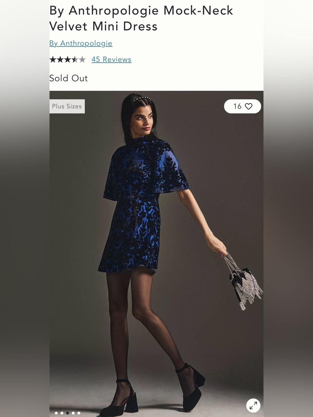 NWT Anthropologie Velvet Mock-Neck Mini Dress in Blue and Black